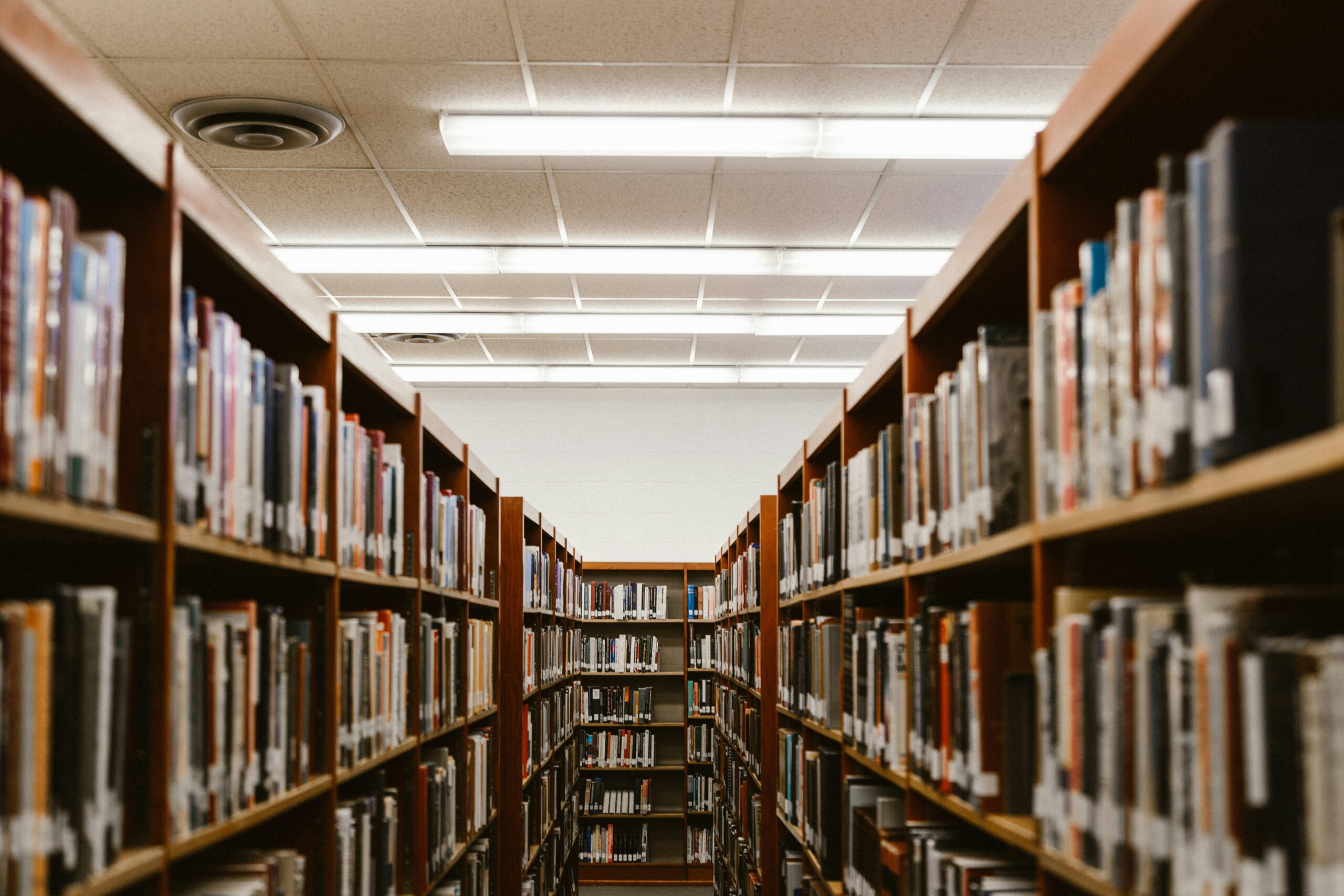 Interior view of a bookcase in Louth Library, filled with neatly organized books across multiple shelves, offering a quiet and cozy atmosphere for reading and study.